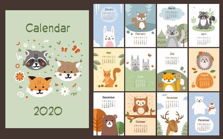 2020 calendar design with cute little animals in Scandinavian style on a page per month basis, colorful vector illustrationのイラスト素材