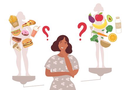 Woman choosing between healthy and unhealthy foods imagining in her mind the effect they will have on her body and weight with central copy space, vector illustrationのイラスト素材