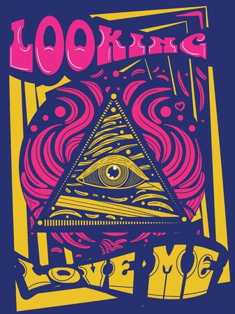 Looking Love Me cover, card or poster design with brightly colored text and central eye over a blue background, vector illustrationのイラスト素材