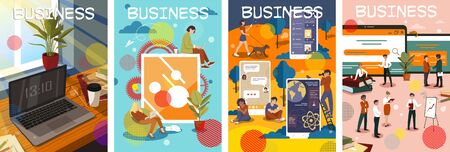 Set of four colorful business poster designs showing various digital devices and their applications in the office and groups of businesspeople in meetings and presentations, vector illustrationのイラスト素材