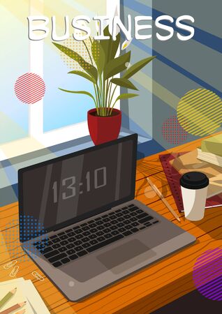 Business poster design of laptop in officeのイラスト素材