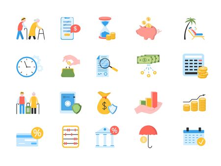 Large set of colored icons for pension and retirement planning with financial, banking, charts, graphs, money, old age, pension, planning and credit card over white, vector illustrationのイラスト素材