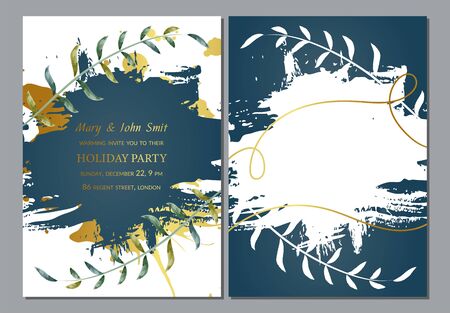 Holiday party invitation template design with an abstract irregular shaped frame and central copy space surrounded with leaves, vector illustrationのイラスト素材