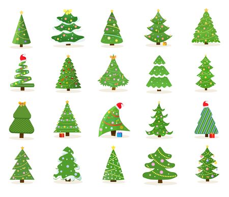 Large set of decorated green Christmas tree icons in different shapes and designs for use as vector design elements on whiteのイラスト素材