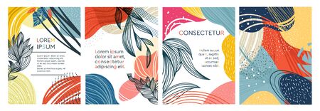 Set of four abstract colorful foliate designs, three as frames with central copy space, vector illustrationのイラスト素材