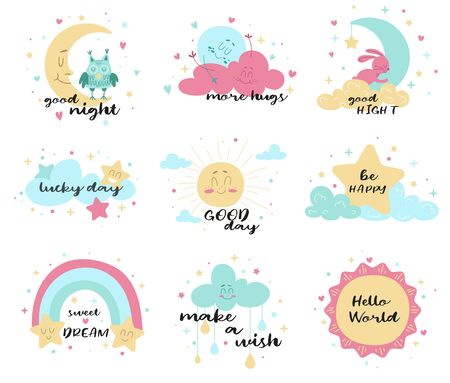 Set of cute poster designs in muted colors with inspirational text with the moon, sun, star, rainbow and clouds, vector illustrationのイラスト素材