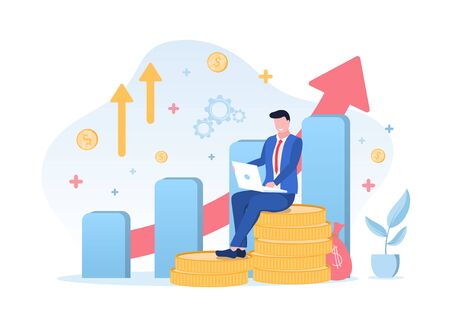 Businessman planning his investments sitting on a pile of gold coins in front of an ascending graph working on a laptop, vector illustrationのイラスト素材