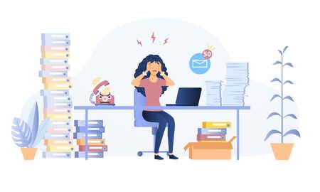 Stressed overworked woman in an officeのイラスト素材