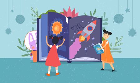 Two young children reading a space fantasy bookのイラスト素材