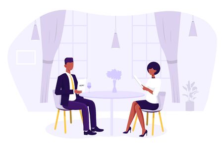 Beautiful couple eating in an upmarket restaurant seated at a table looking at the menu before ordering, vector illustrationのイラスト素材