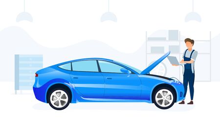 Mechanic servicing a blue saloon car with a computer in a modern garage or workshop in a transport concept, vector illustrationのイラスト素材