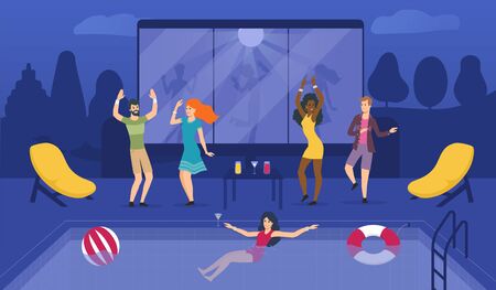 Revellers dancing and swimming at a private partyのイラスト素材