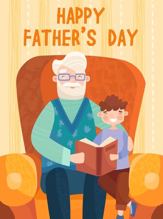 Grandson with his grandfather sitting in cozy armchair and reading book together. Happy Fathers Day postcard conceptのイラスト素材