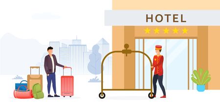Hotel doorman rolling out the cart for luggageのイラスト素材
