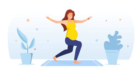 Workout for pregnant concept. Simple image of a pregnant woman in yellow and blue clothing doing easy exercises at home on the matのイラスト素材