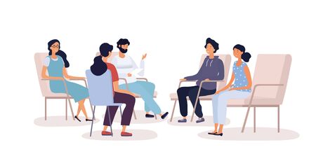 Group therapy for addiction treatment concept with various people sitting in armchairs and talking in psychologist office, isolated on white backgroundのイラスト素材