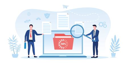 Information transaction between two businessmen showing a file uploading or downloading at 50 percent on a laptop screen and one man holding a magnifying glass, vector illustrationのイラスト素材
