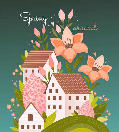 Colorful spring poster or greeting card design with flowers and houses in shades of green and orange in retro style with text - Spring Around, vector illustrationのイラスト素材