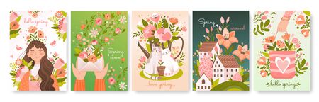 Set of five different Spring season card designs with flowers, people, houses and cats in love in muted shades of green, orange and pink, vector illustrationのイラスト素材