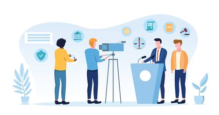Law and governance concept with journalist or videographer filming a law maker or politician speaking on a podium, vector illustrationのイラスト素材