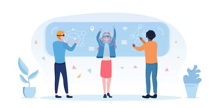 Diverse people using 3d virtual reality goggles with multiethnic people standing using a digital virtual screen simulation for augmented research, entertainment or education, vector illustrationのイラスト素材