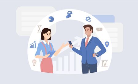 Business consultation concept with a young woman and businessman using a tablet and smartphone to communicate over the internet with graphs and business icons, vector illustrationのイラスト素材