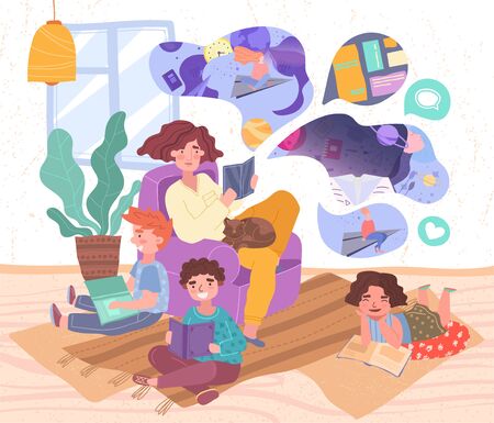 Young mother with her three small children and pet cat relaxing in the living room reading books together in a colorful vector illustrationのイラスト素材