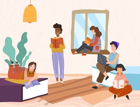 Group of diverse friends relaxing with booksのイラスト素材