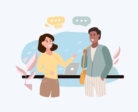 Two young multiethnic friends, a young man and woman, meeting standing chatting and smiling with speech bubbles, vector illustrationのイラスト素材