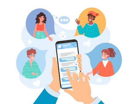 Refer a friend concept on social media with a businessman using a mobile phone app to refer a diverse selection of his friends in colored speech bubbles, vector illustrationのイラスト素材