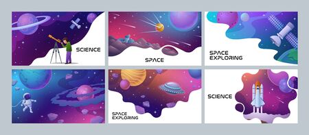 Four colorful Space and Science poster designsのイラスト素材