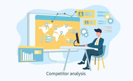 Competitor analysis concept with man on laptopのイラスト素材