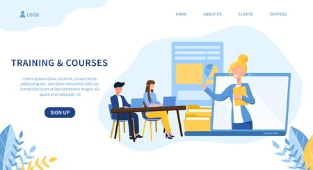 Illustrated training and courses theme with online teacher teaching people at desk. Vector illustrationのイラスト素材