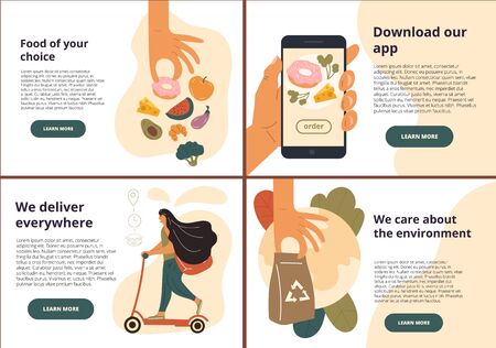 Illustration of eco online food delivery company landing page. Set of vector illustrationsのイラスト素材