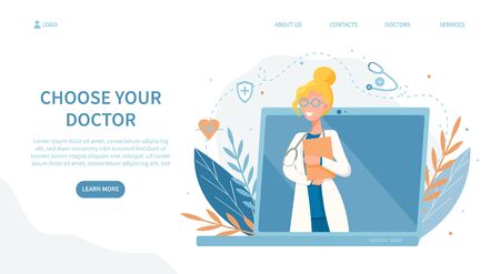 Landing page "choose your doctor' offering online medical consultation. Professional telemedicine and healthcare concept. Vector Illustrationのイラスト素材