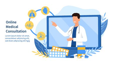 Online Medical Consultation concept with a doctor on a laptop screenのイラスト素材
