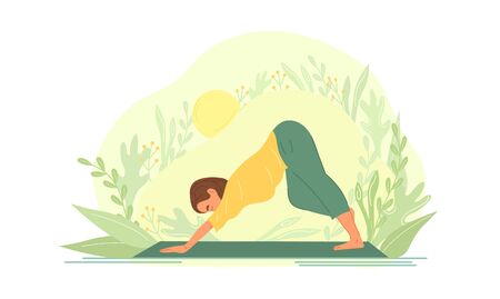 Woman practicing yoga outdoors in nature amongst the green plants on a sunny day in a health and fitness concept, vector illustrationのイラスト素材