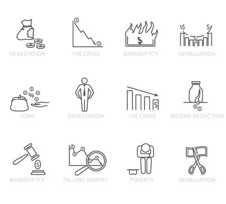 Set of black and white bankruptcy and financial crises icons. Vector illustrationのイラスト素材
