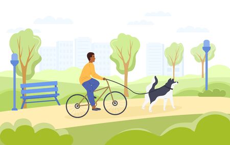 Cyclist taking his dog for a run on a leadのイラスト素材