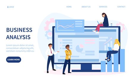Business analysis and statistics concept with diverse businesspeople in front of a computer screen with charts and graphs on a website template with copy space, vector illustrationのイラスト素材