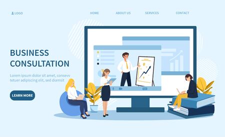 Online business consultation concept with three business colleagues in front of a computer screen with man giving a presentation and room for text with web button, vector illustrationのイラスト素材