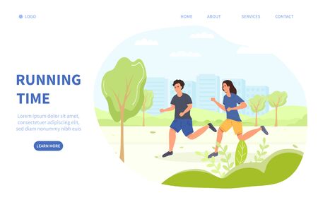 Jogging or Running Time health and fitness concept with two young joggers in a green spring park and copy space for text, vector illustrationのイラスト素材