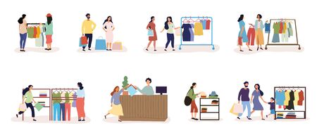 Set of eight designs showing diverse people and a young family shopping in clothing stores, paying at a till and shopping for accessories, vector illustrationのイラスト素材