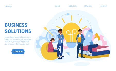 Business team coming up with bright ideas and solutions during a brainstorming session at the office, colored vector illustration with copy spaceのイラスト素材