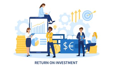 Return On Investment concept showing escalating growth in dollars and euros and a business target with diverse businesspeople or brokers, colored vector illustrationのイラスト素材