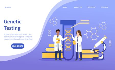 Two scientists doing genetic testing standing in a medical laboratory in front of a test tube with large DNA molecule, colored vector illustration with copy spaceのイラスト素材