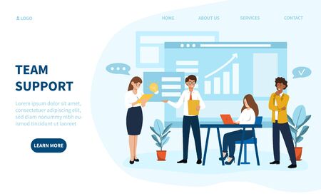 Team support in business with diverse colleagues sharing their ideas in a brainstorming session with statistical graphs, colored vector illustration with copy spaceのイラスト素材
