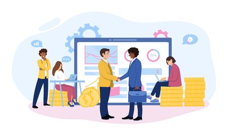 Reaping the rewards from a smart investment with two businessmen shaking hands in front of a laptop, working team and stacked gold coins, colored vector illustration with copy space for textのイラスト素材
