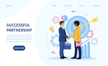Successful partnership concept with two businessmen shaking hands in front of business icons, colored vector illustration with copy space for textのイラスト素材