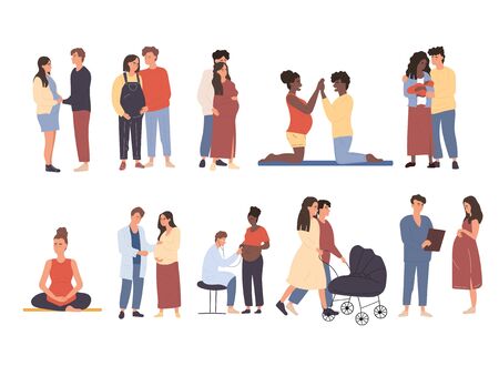 Large set of pregnant women and couples in various poses doing yoga, embracing, at the doctor and walking with a pram, colored vector illustrationsのイラスト素材